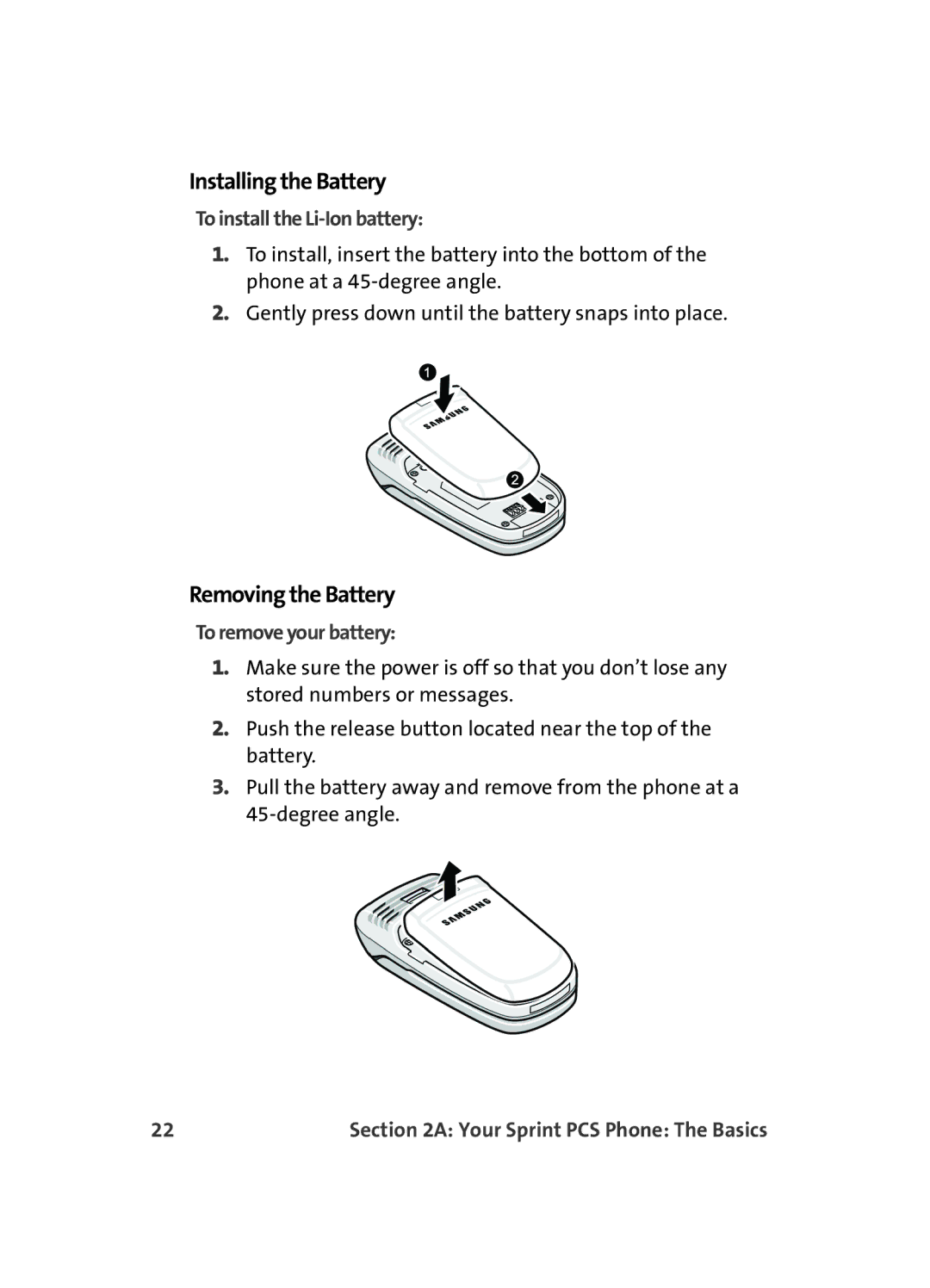 Samsung A560 manual Installing the Battery, Removing the Battery, To install the Li-Ion battery, To remove your battery 