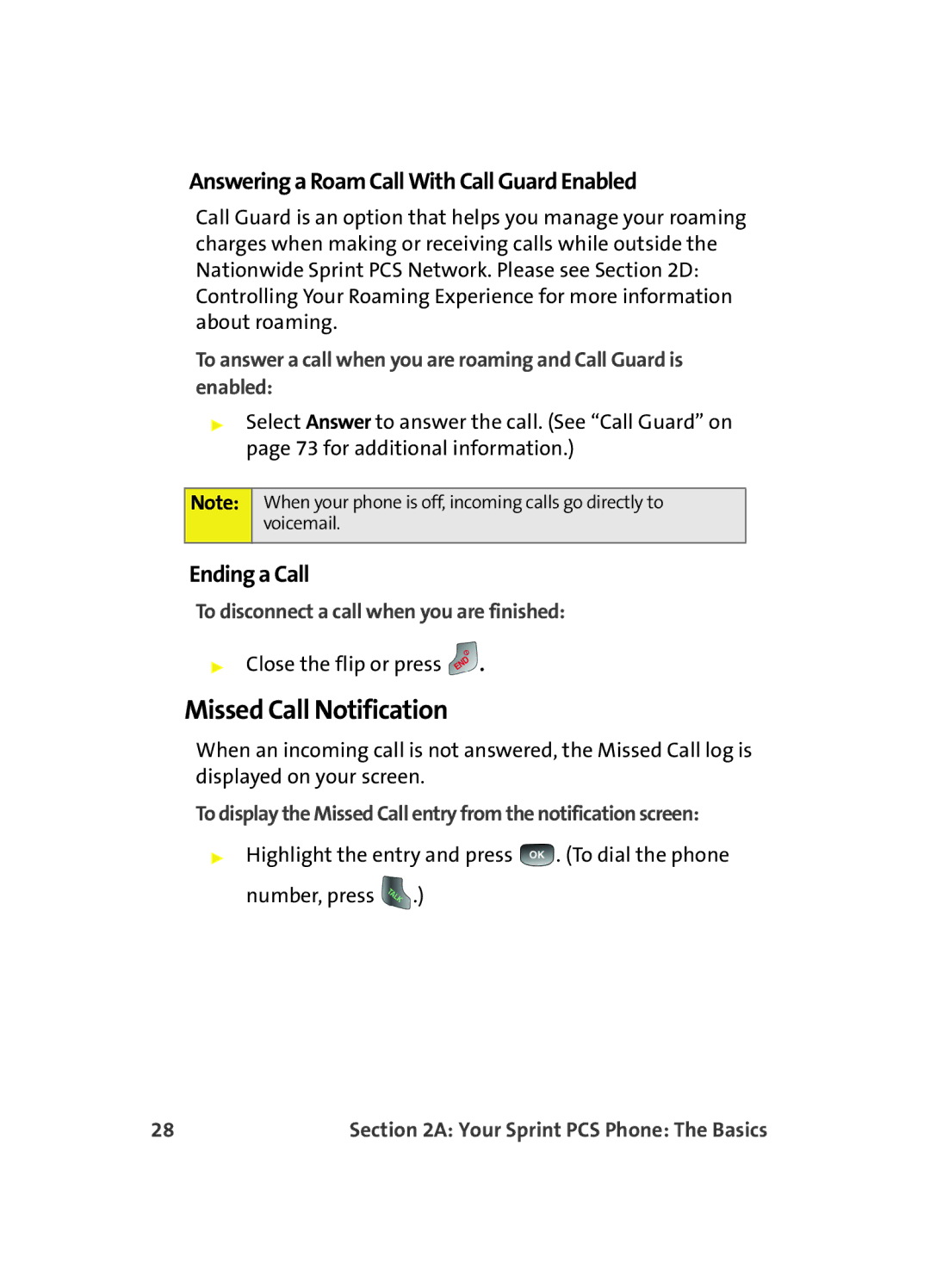 Samsung A560 manual Missed Call Notification, Answering a Roam Call With Call Guard Enabled, Ending a Call 