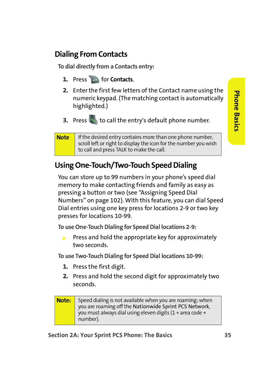 Samsung A560 manual Dialing From Contacts, Using One-Touch/Two-Touch Speed Dialing, To dial directly from a Contacts entry 