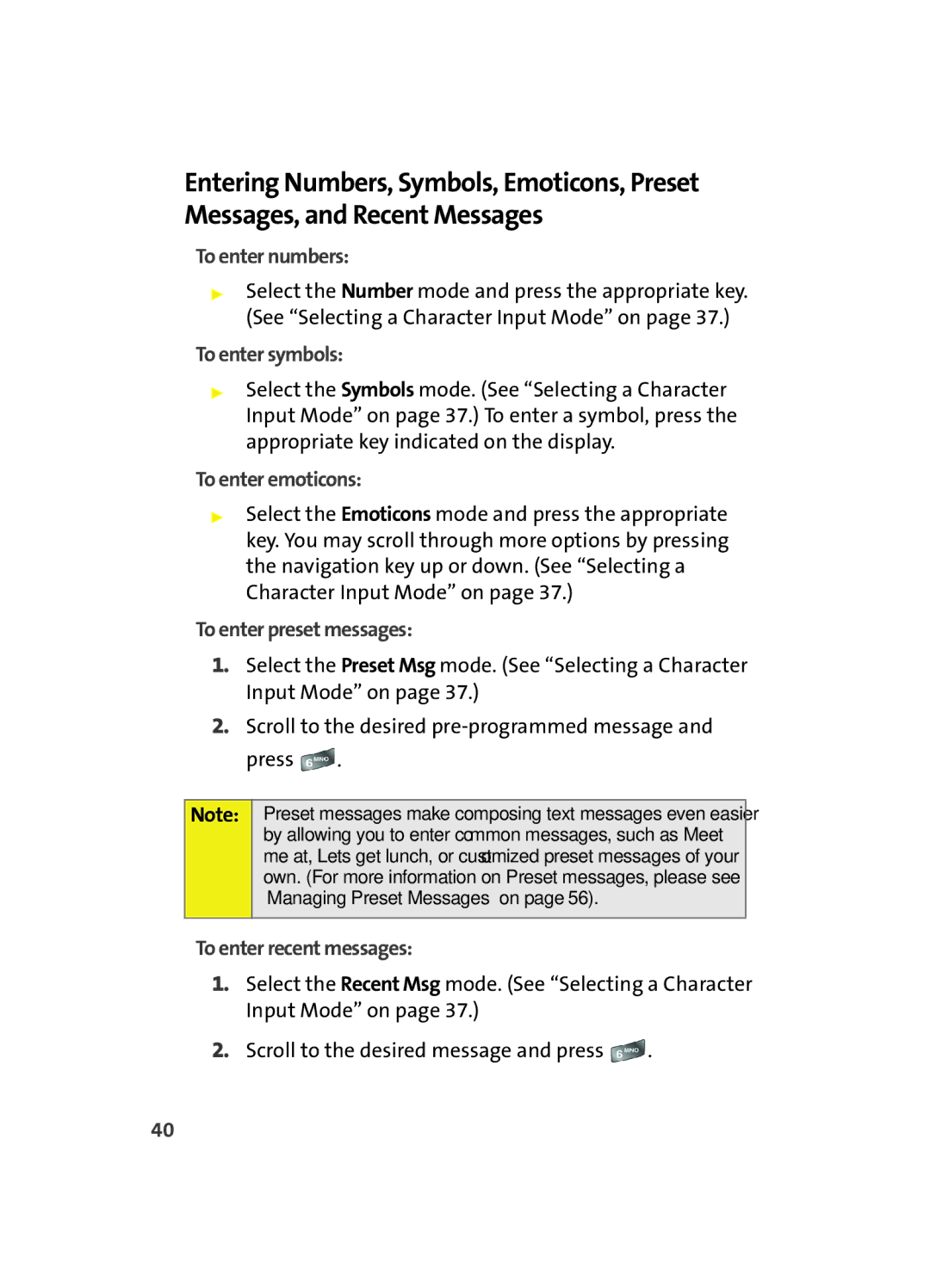 Samsung A560 To enter numbers, To enter symbols, To enter emoticons, To enter preset messages, To enter recent messages 