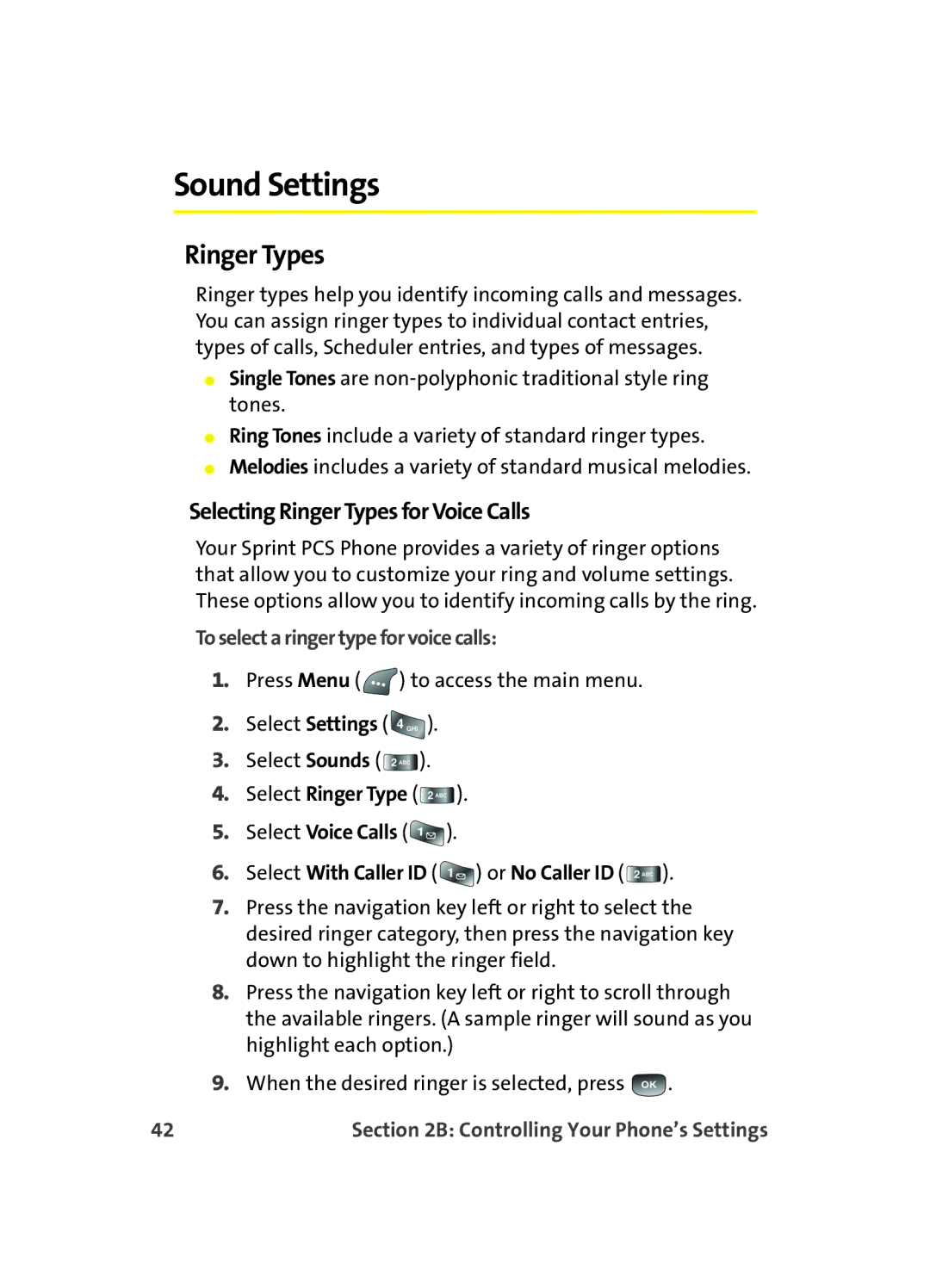 Samsung A560 manual Sound Settings, Selecting Ringer Types for Voice Calls, To select a ringer type for voice calls 