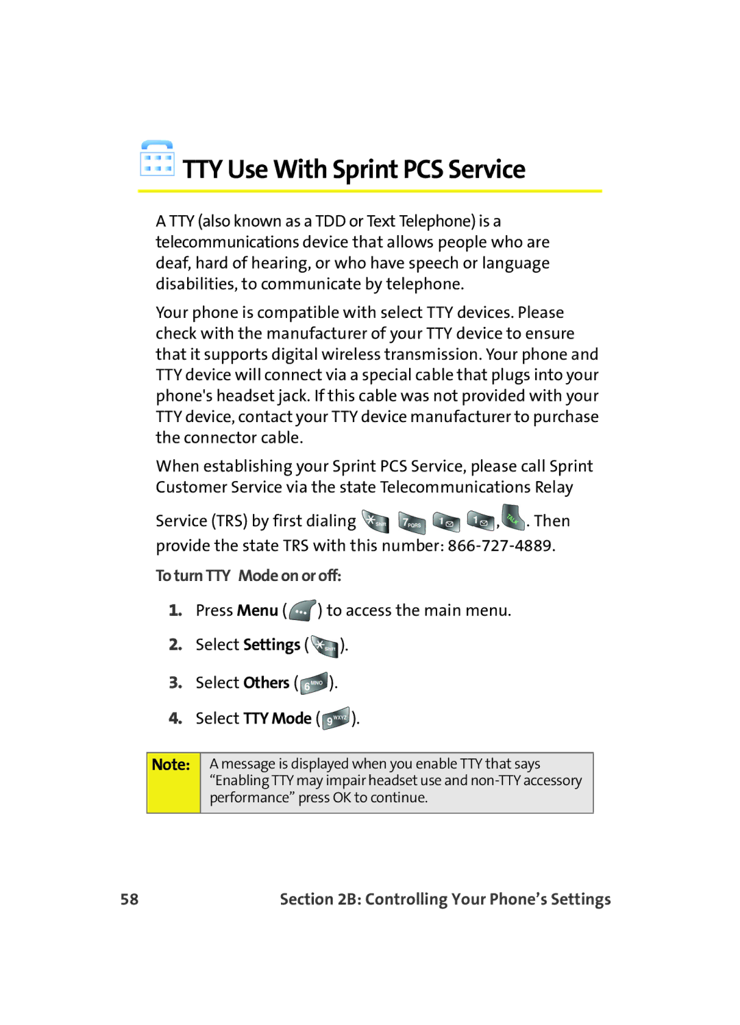 Samsung A560 manual TTY Use With Sprint PCS Service, To turn TTY Mode on or off 