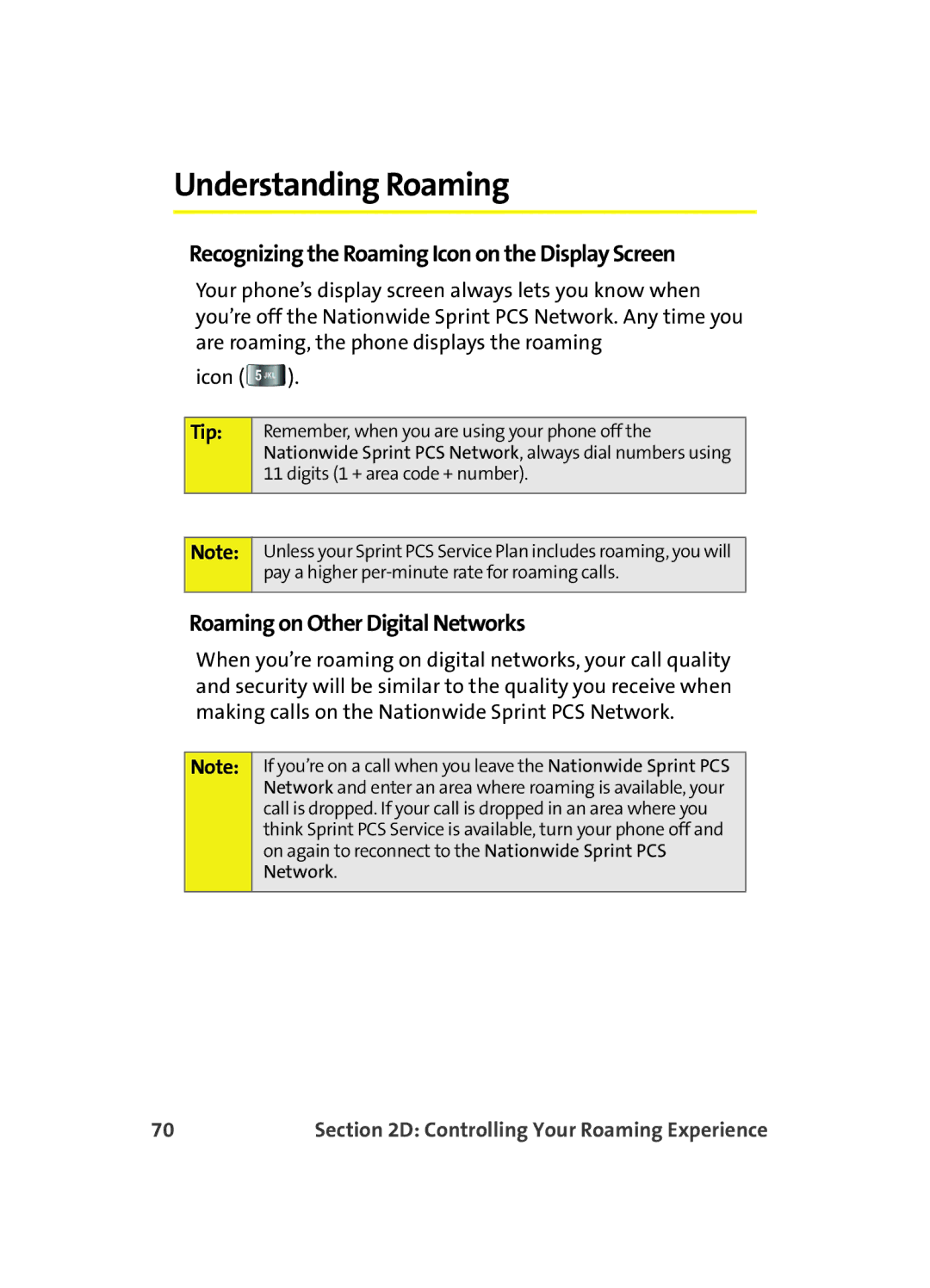 Samsung A560 Understanding Roaming, Recognizing the Roaming Icon on the Display Screen, Roaming on Other Digital Networks 