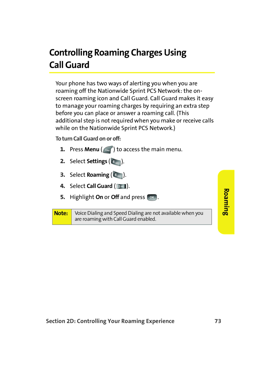 Samsung A560 manual Controlling Roaming Charges Using Call Guard, To turn Call Guard on or off 