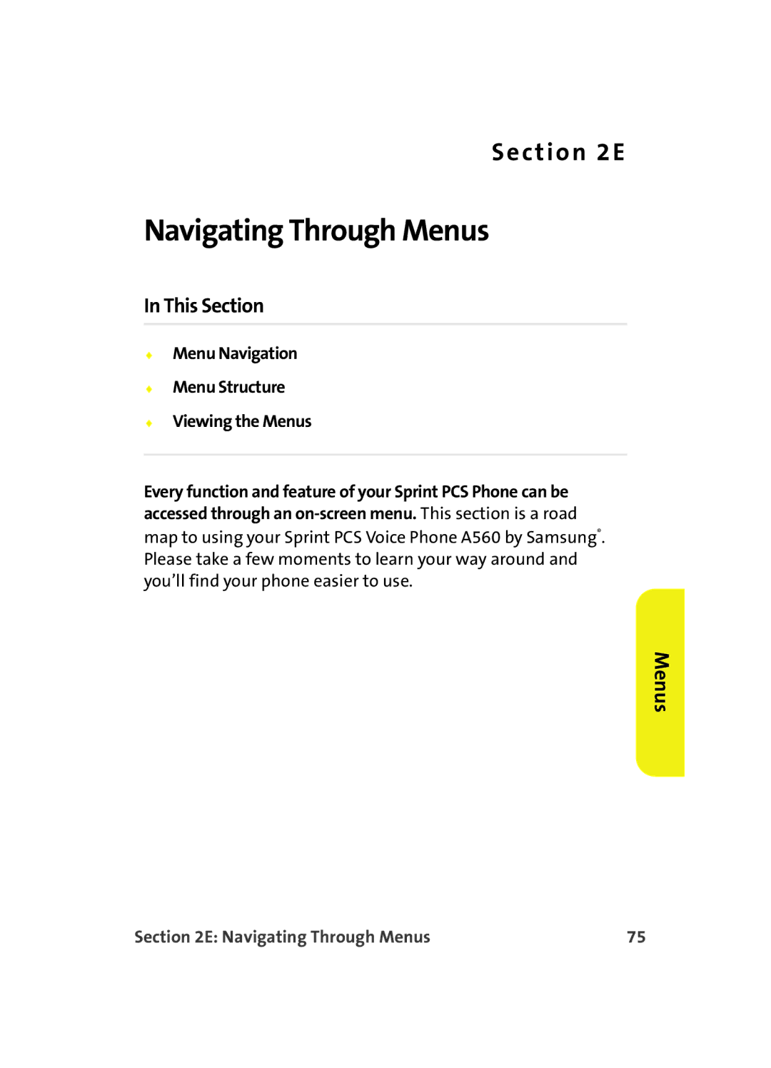 Samsung A560 manual Menu Navigation Menu Structure Viewing the Menus, Navigating Through Menus 