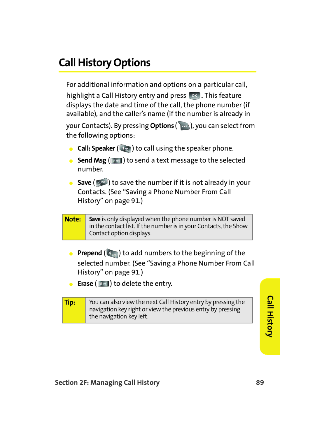 Samsung A560 manual Call History Options 