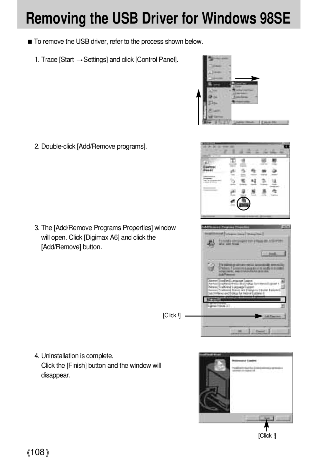 Samsung A63 user manual Removing the USB Driver for Windows 98SE 