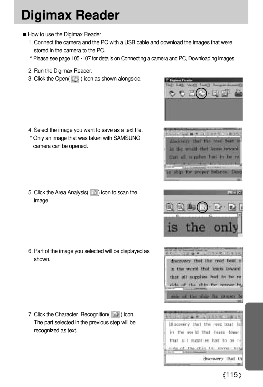 Samsung A63 user manual Digimax Reader, Recognized as text 