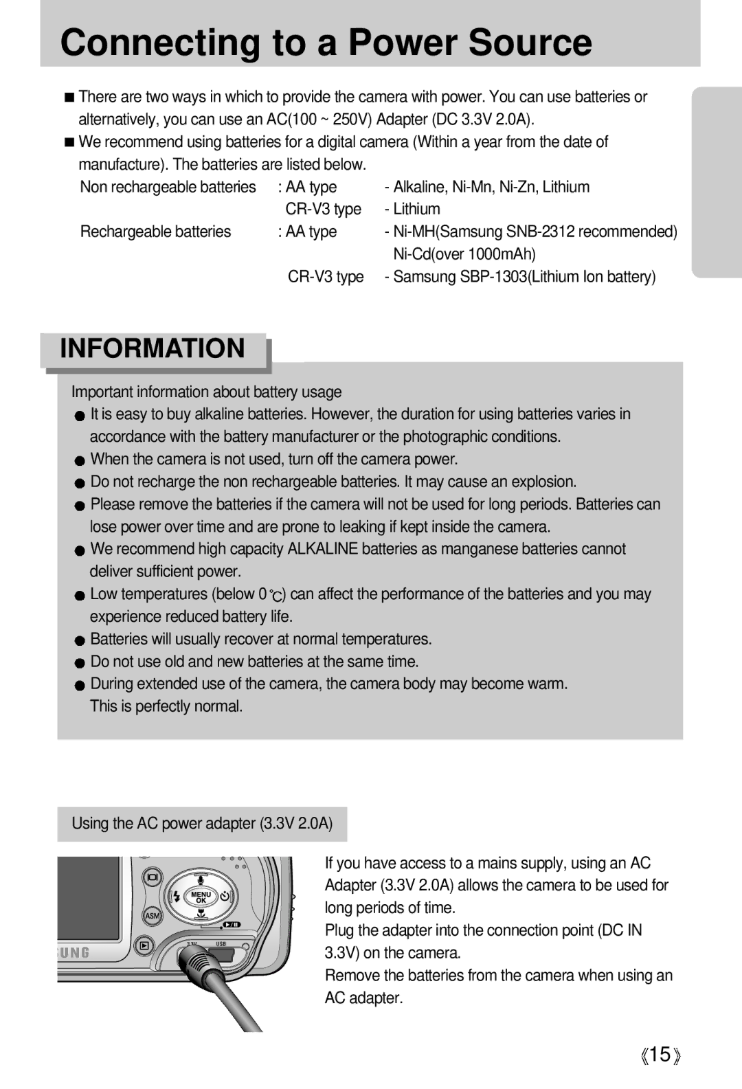 Samsung A63 user manual Connecting to a Power Source, Ni-Cdover 1000mAh, Important information about battery usage 