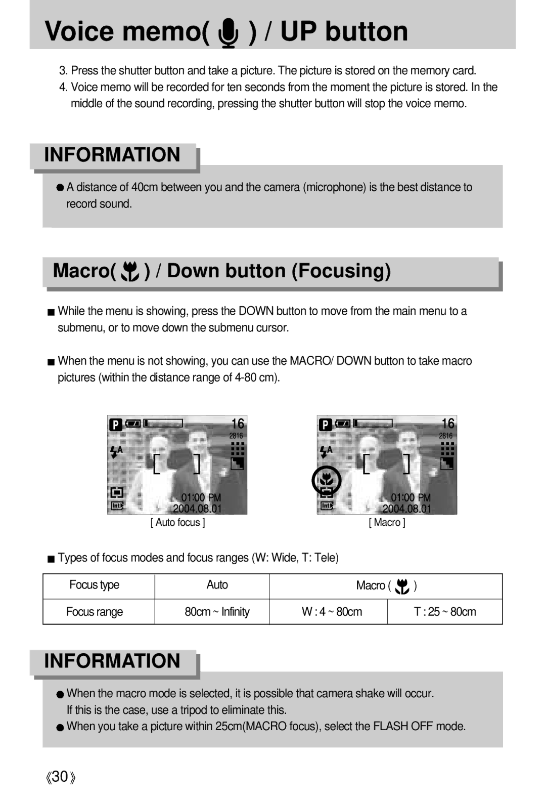 Samsung A63 user manual Voice memo / UP button, Macro / Down button Focusing 