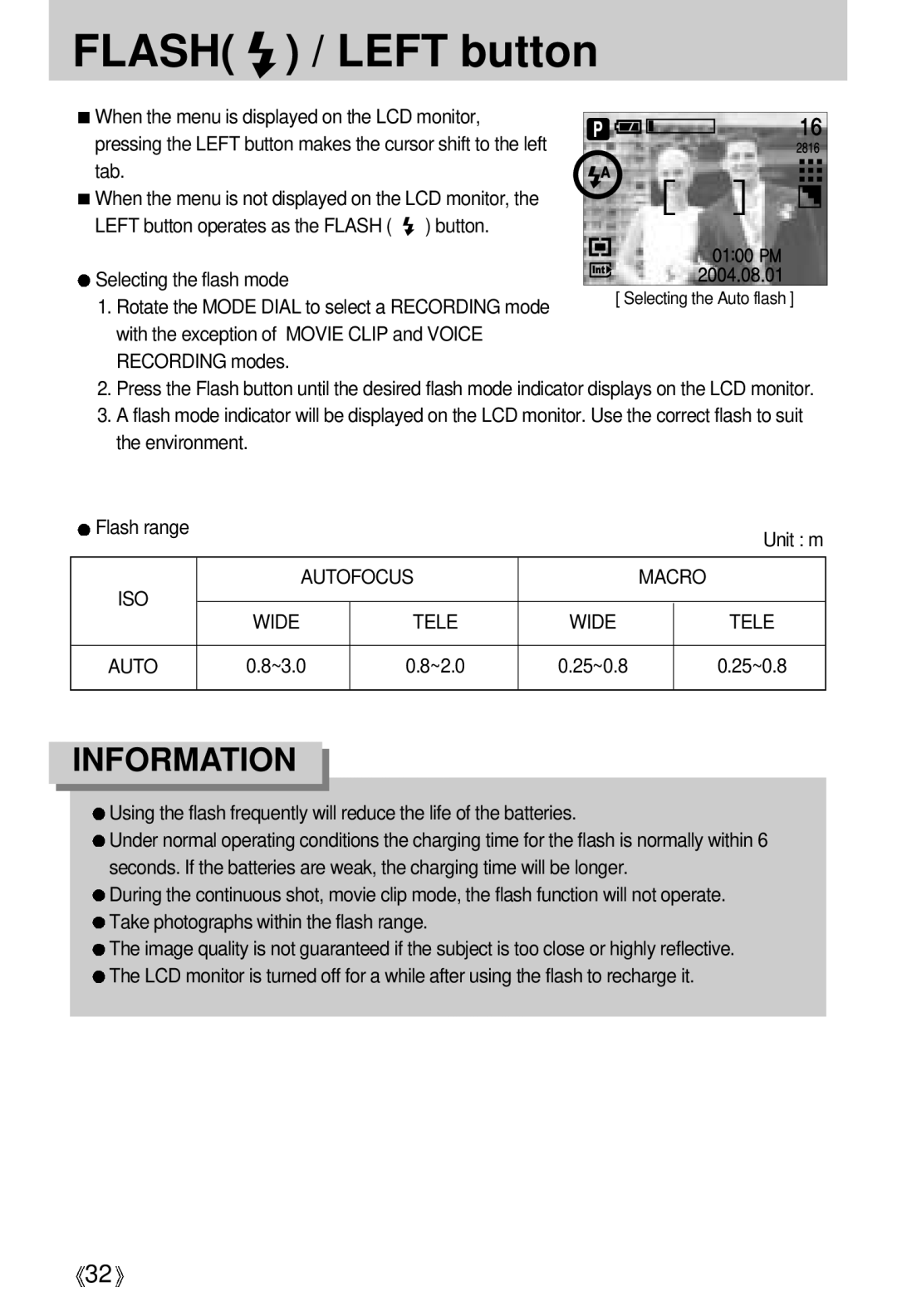 Samsung A63 user manual Flash / Left button, Unit m, ISO Autofocus Macro Wide Tele, ~3.0 ~2.0 25~0.8 