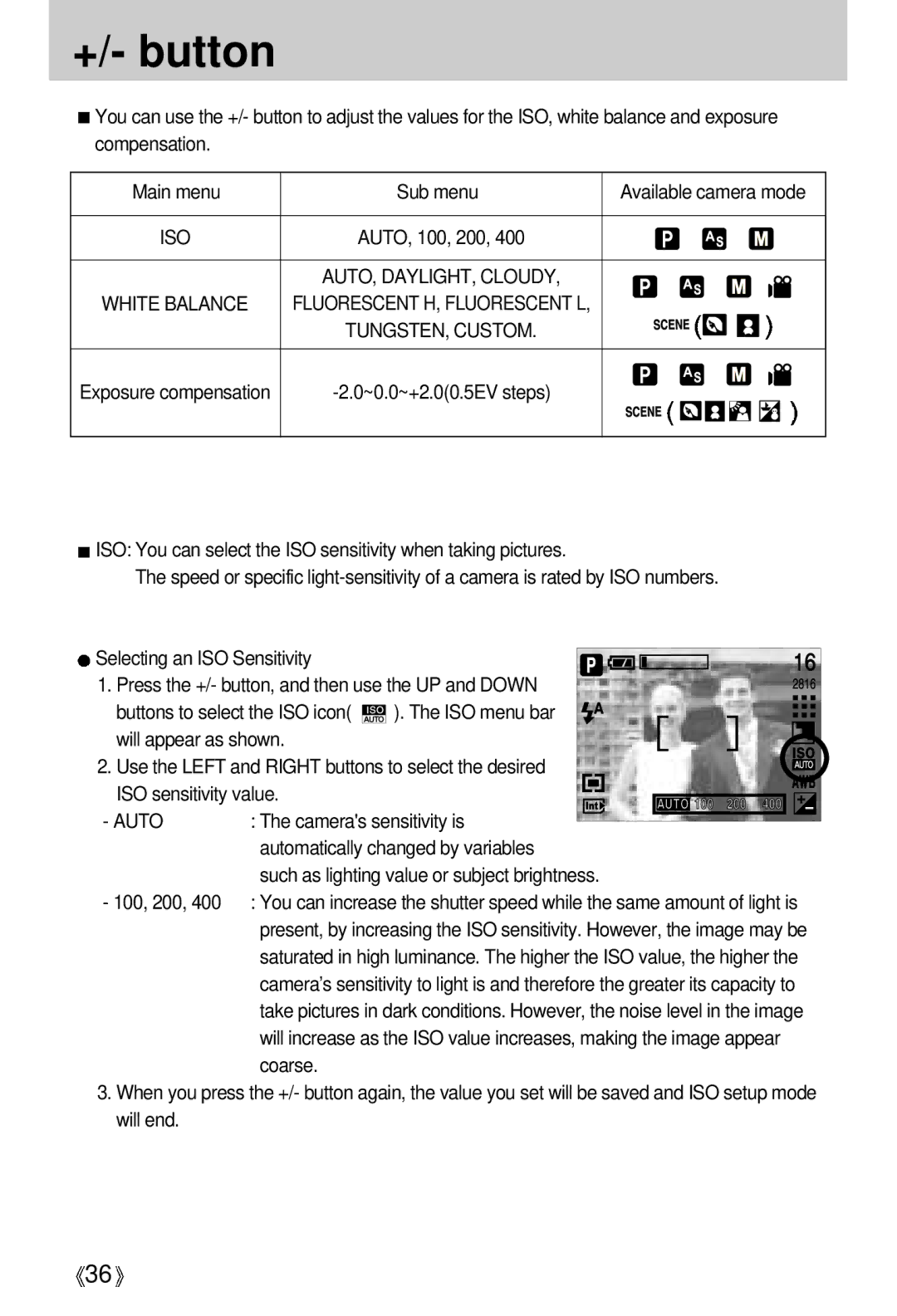 Samsung A63 user manual +/- button, Sub menu, Cameras sensitivity is, Automatically changed by variables 