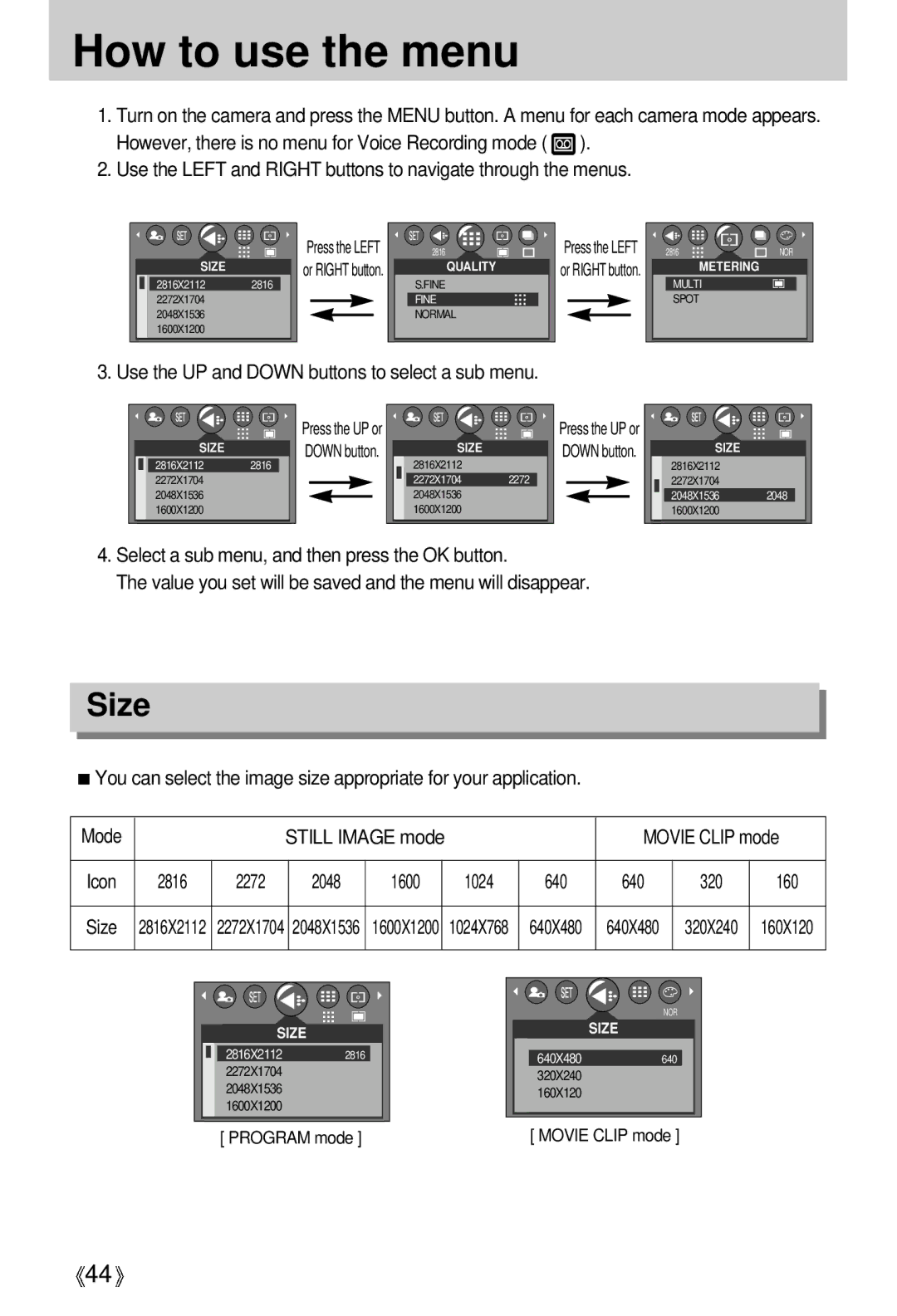 Samsung A63 How to use the menu, Size, Use the UP and Down buttons to select a sub menu, 2816 2272 2048 1600 1024 640 320 