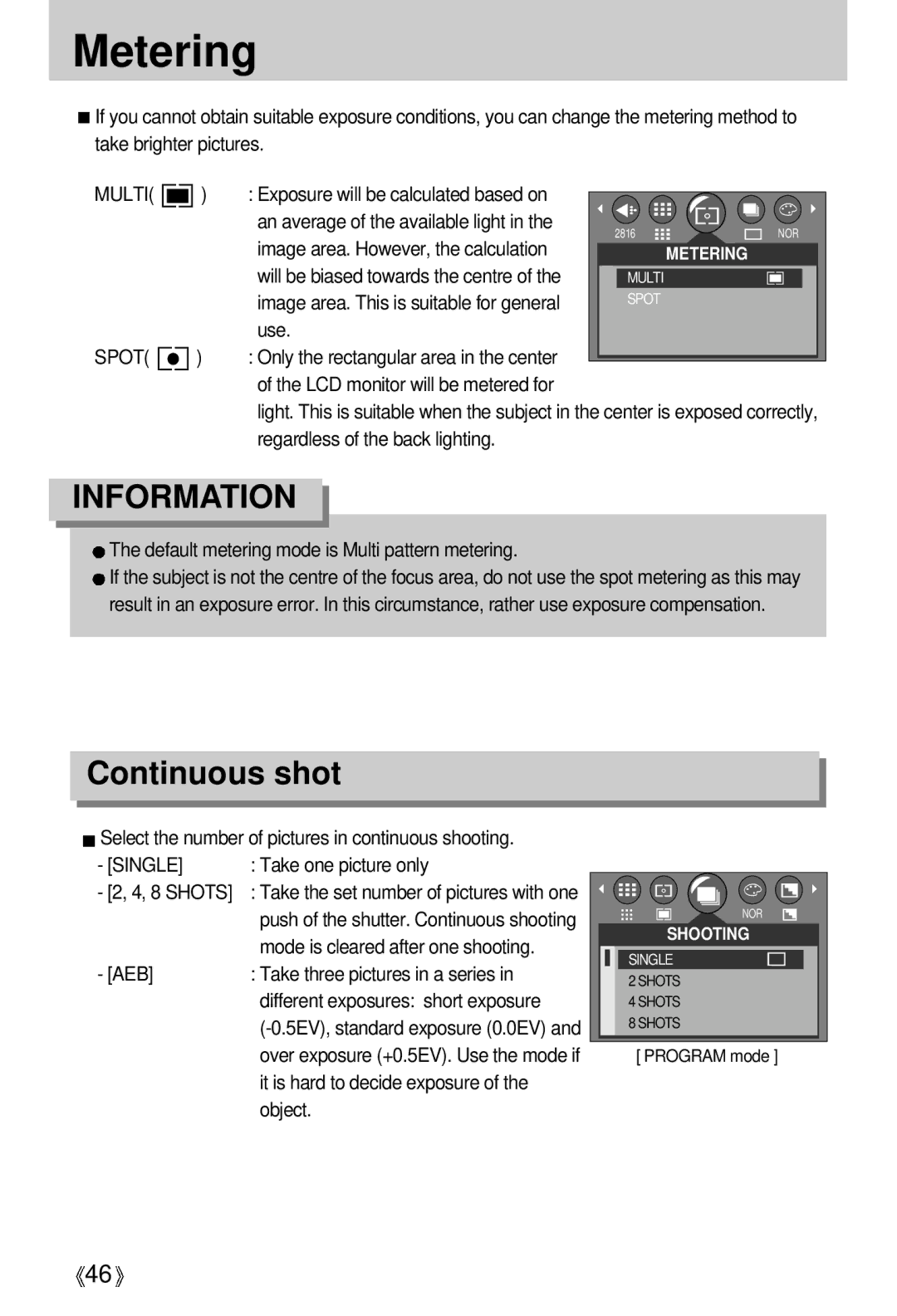 Samsung A63 user manual Metering, Continuous shot, Single 