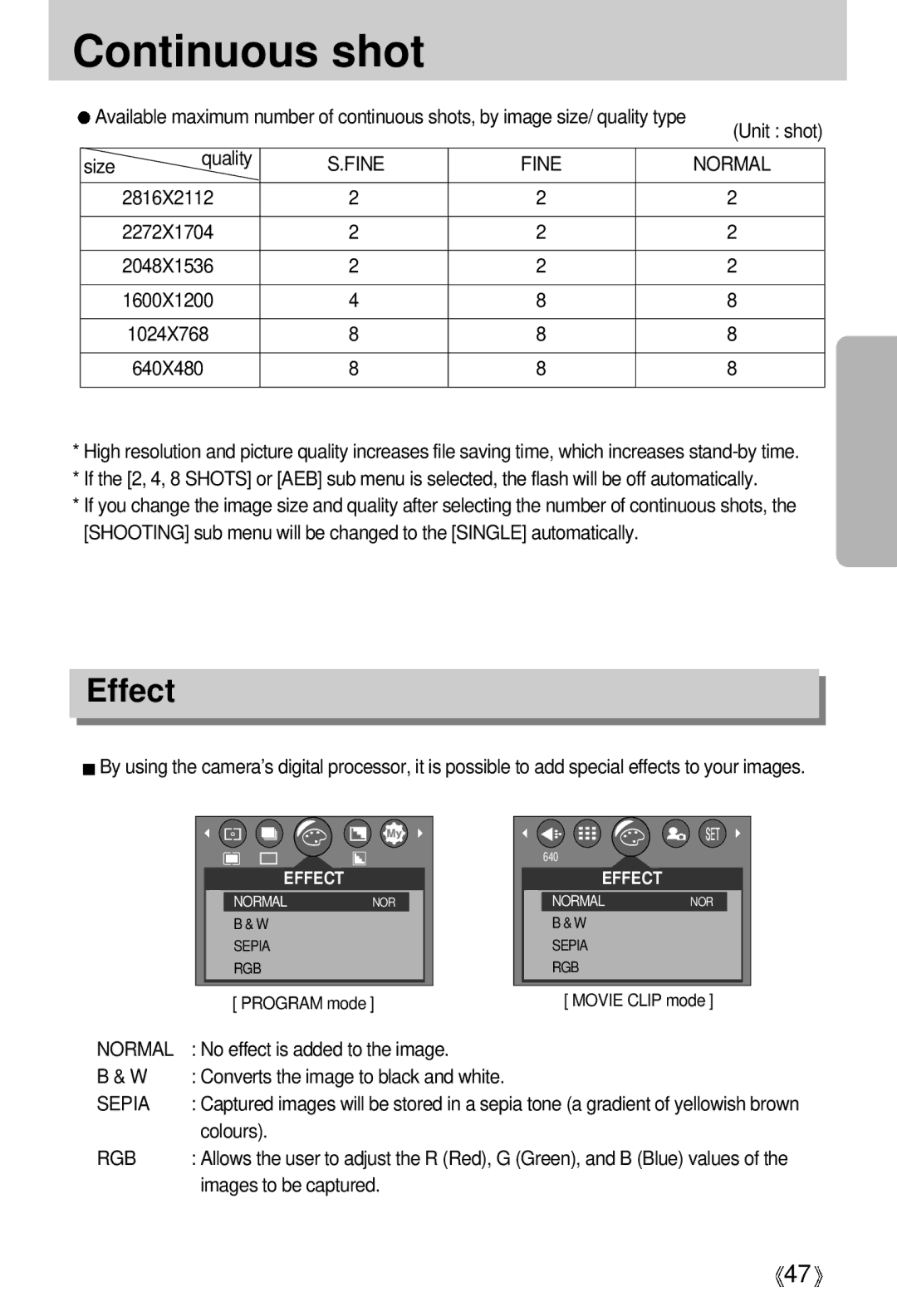 Samsung A63 user manual Continuous shot, Effect, Fine Normal, Rgb 