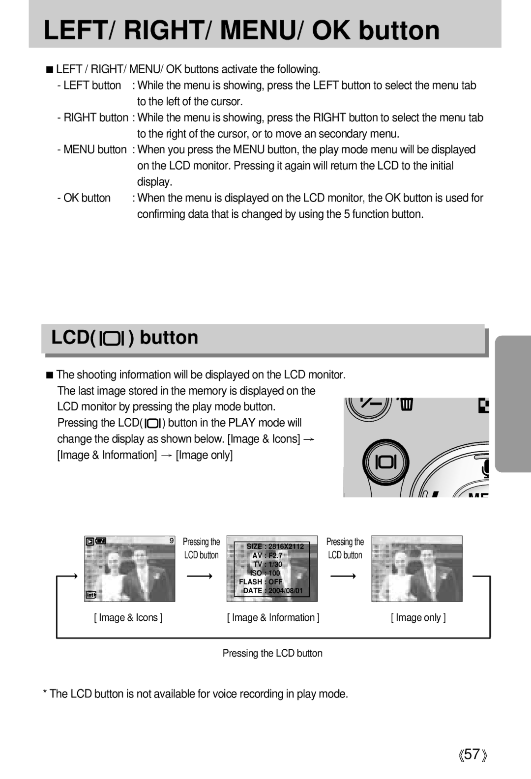 Samsung A63 user manual LEFT/ RIGHT/ MENU/ OK button, LCD button is not available for voice recording in play mode 