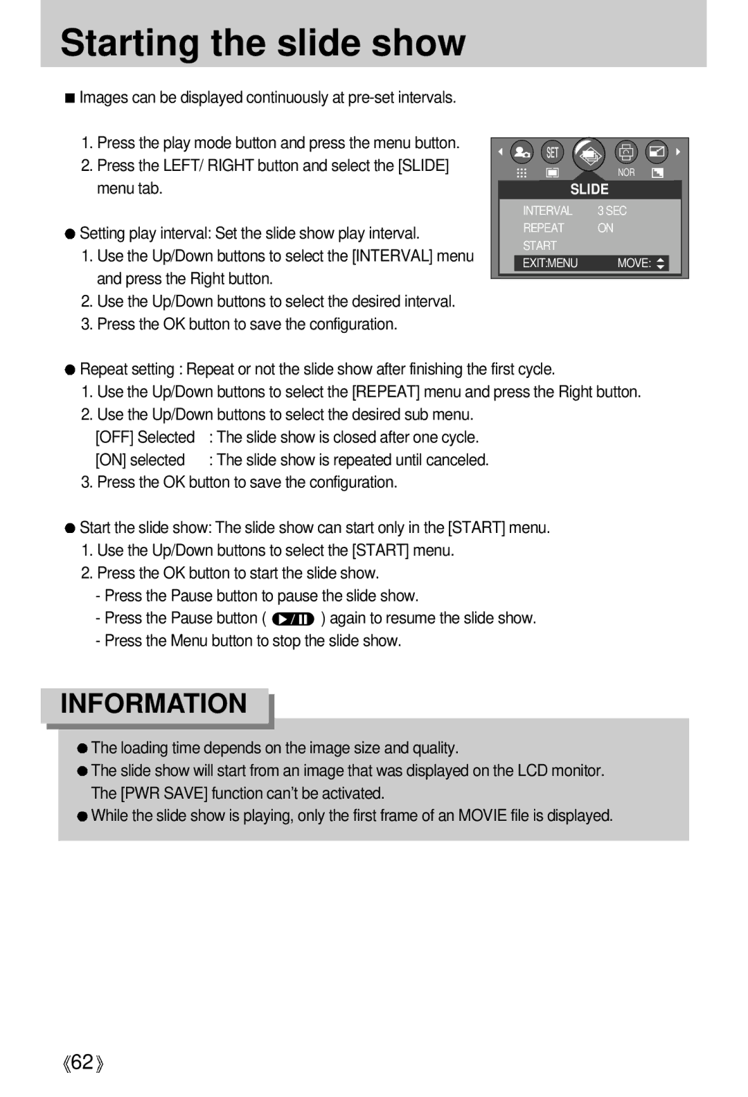 Samsung A63 user manual Starting the slide show, Press the OK button to save the configuration, On selected 