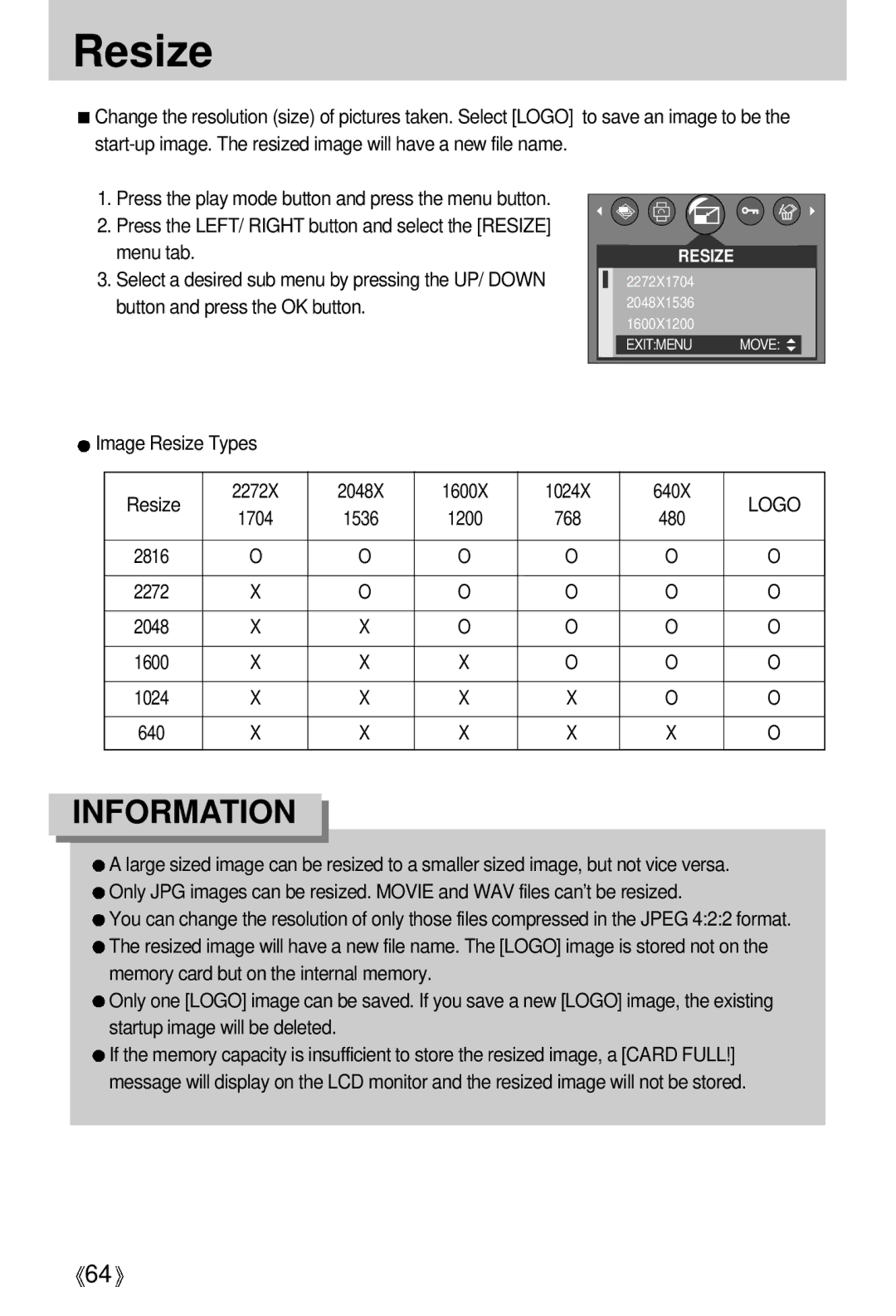 Samsung A63 user manual Image Resize Types 2272X 2048X 1600X 1024X 640X, Logo, 1704 1536 1200 768 480 