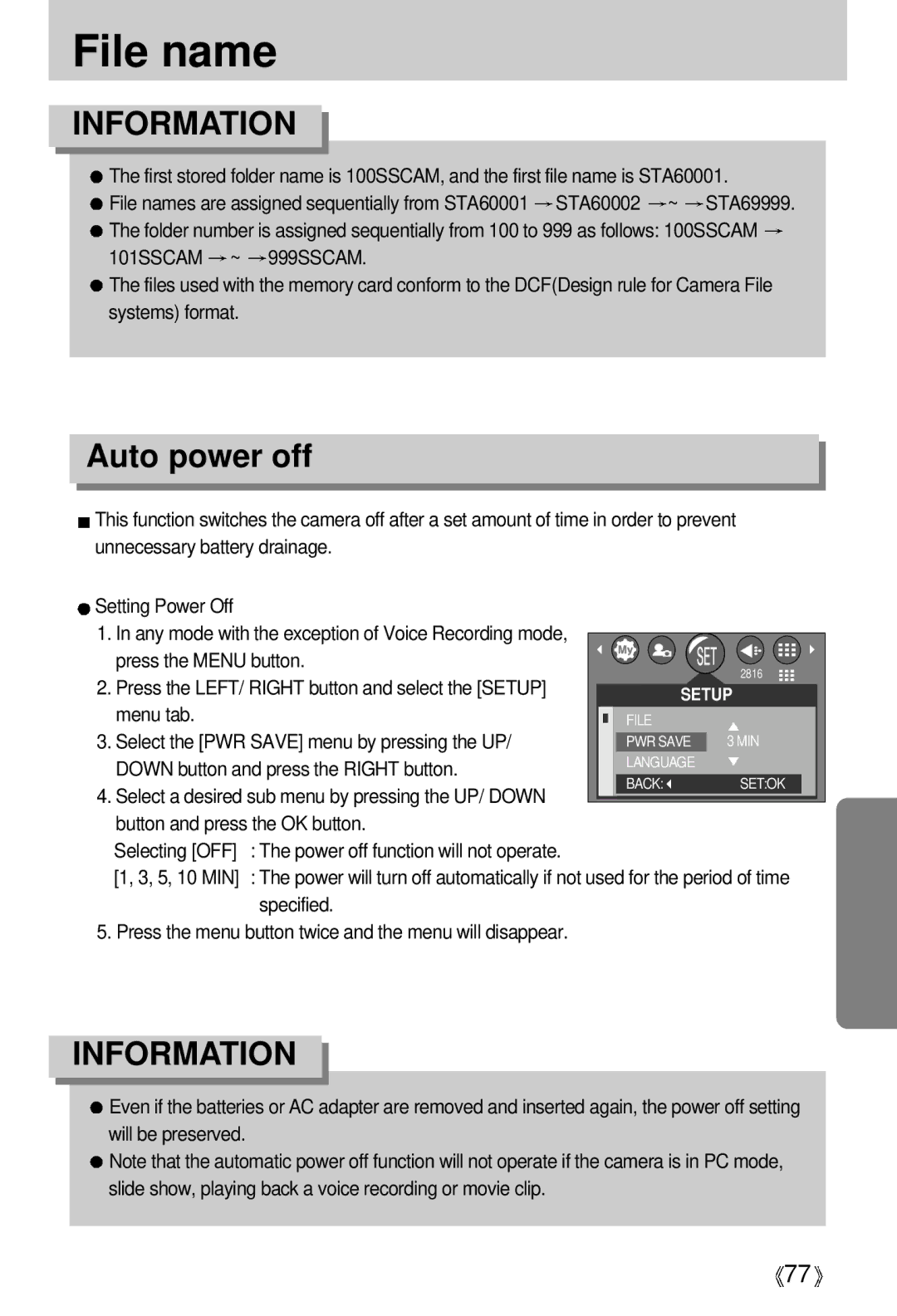 Samsung A63 user manual File name, Auto power off, Press the LEFT/ Right button and select the Setup menu tab, Specified 