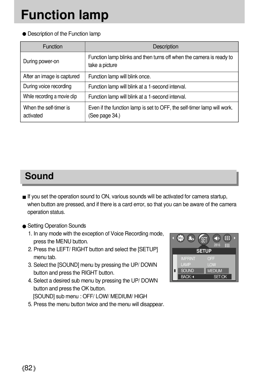 Samsung A63 user manual Function lamp, Sound 