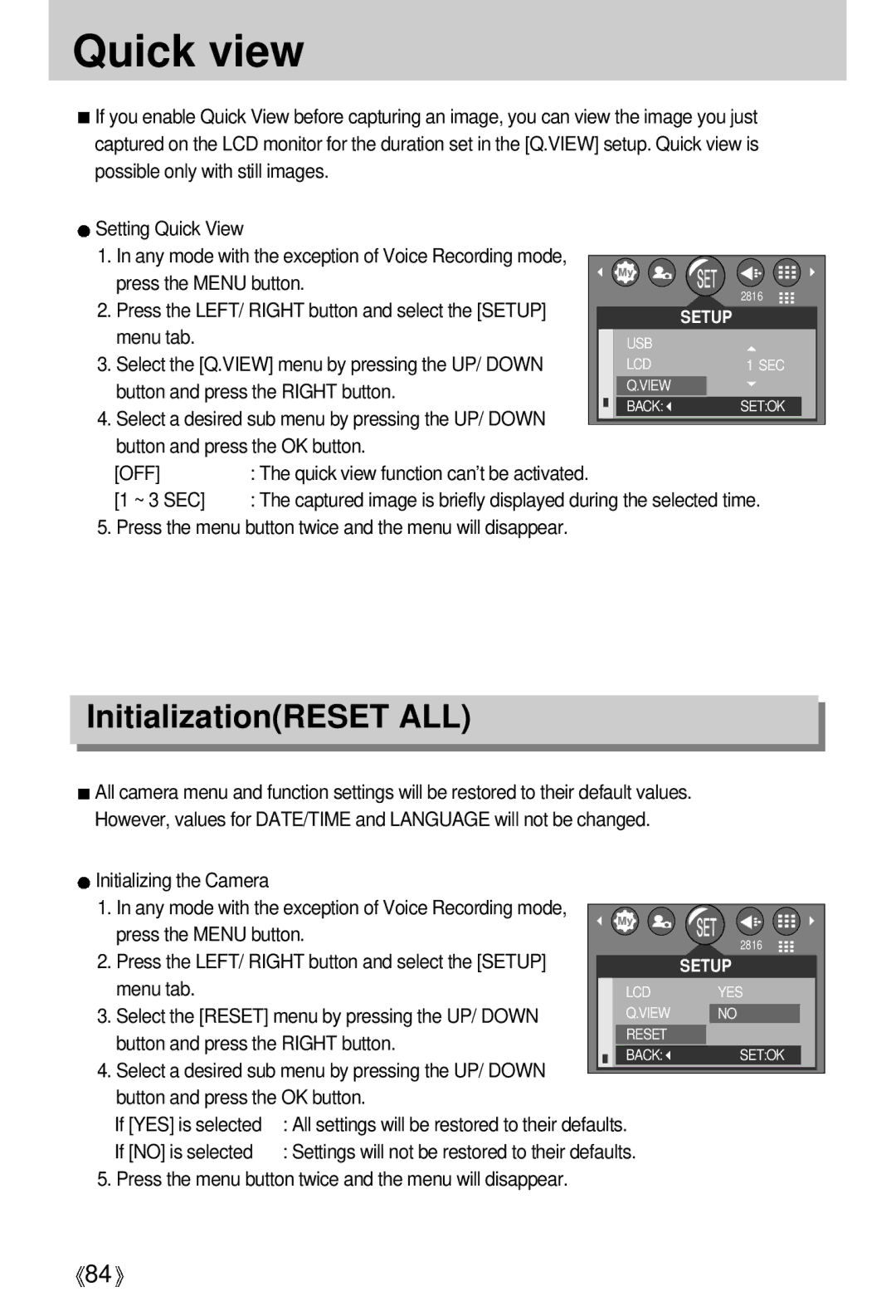 Samsung A63 user manual Quick view, InitializationRESET ALL, ~ 3 SEC, If no is selected 