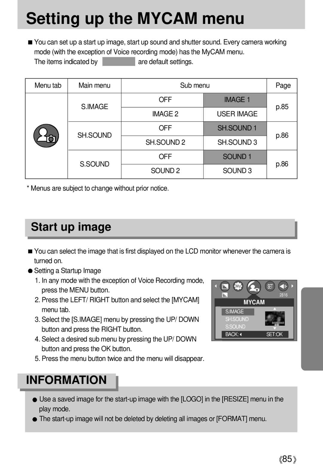 Samsung A63 user manual Setting up the Mycam menu, Start up image, Turned on Setting a Startup Image 