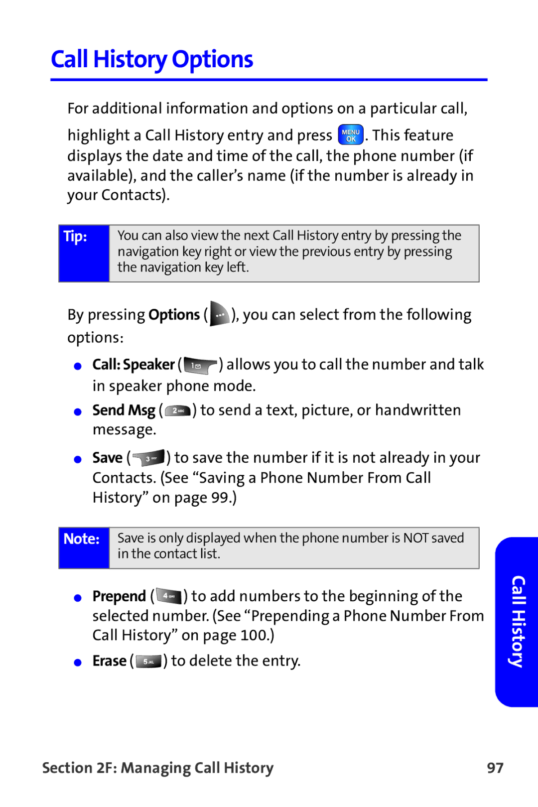 Samsung A820 manual Call History Options 