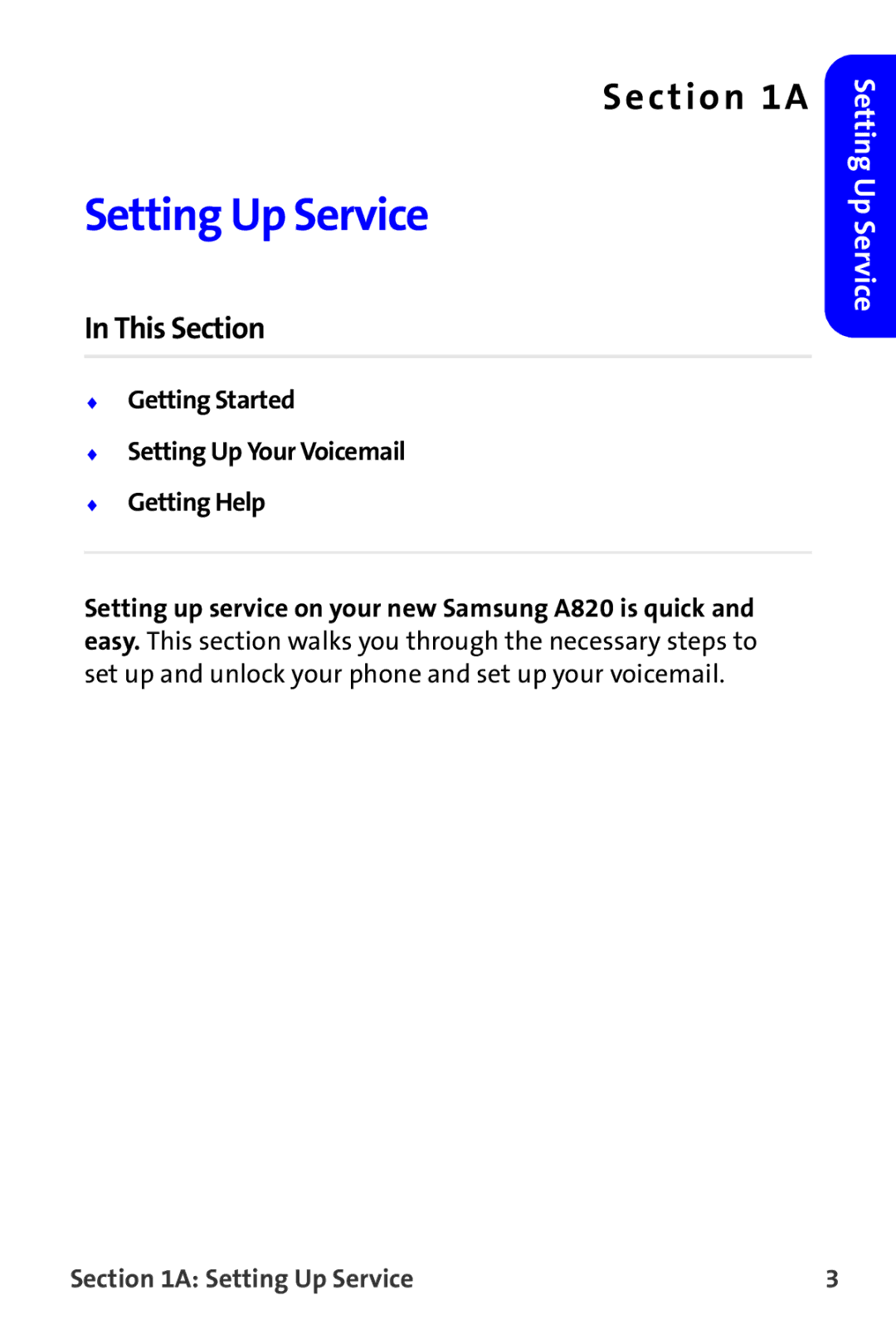 Samsung A820 manual This Section, Getting Started Setting Up Your Voicemail Getting Help, Setting Up Service 