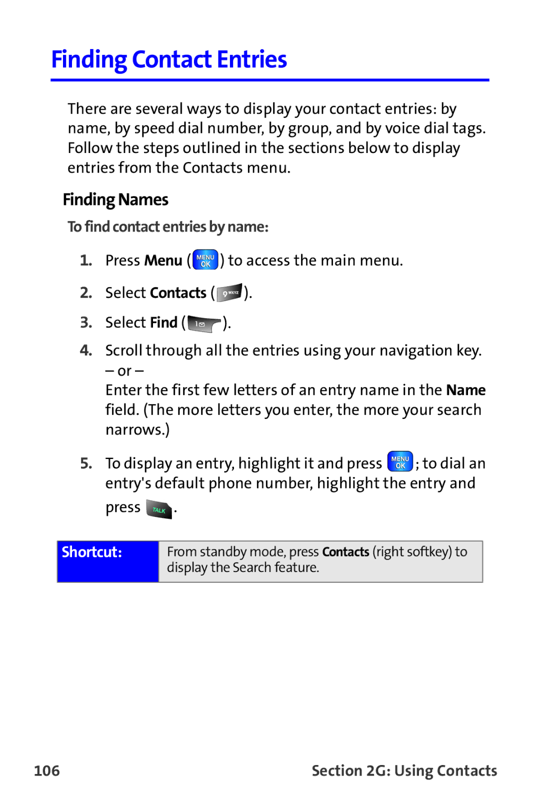 Samsung A820 manual Finding Contact Entries, Finding Names, To find contact entries by name, 106 