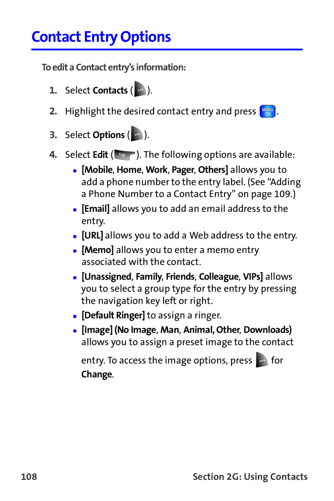 Samsung A820 manual Contact Entry Options, To edit a Contact entry’s information, 108 