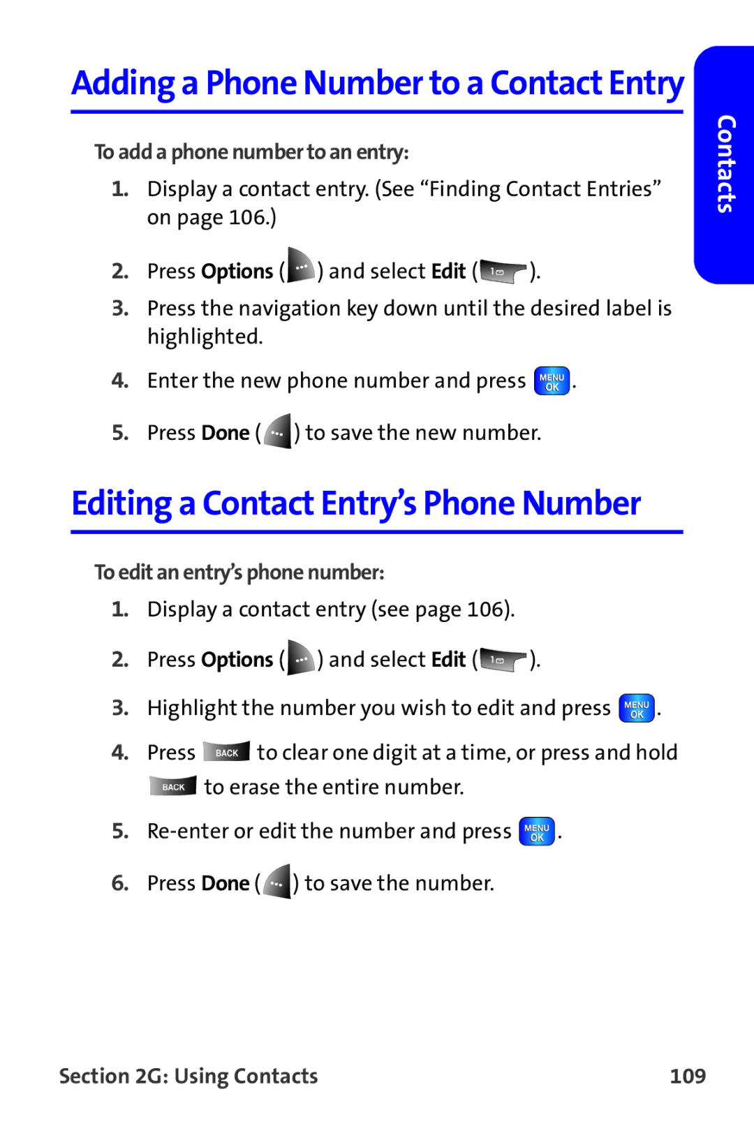 Samsung A820 manual To add a phone number to an entry, To edit an entry’s phone number, Using Contacts 109 