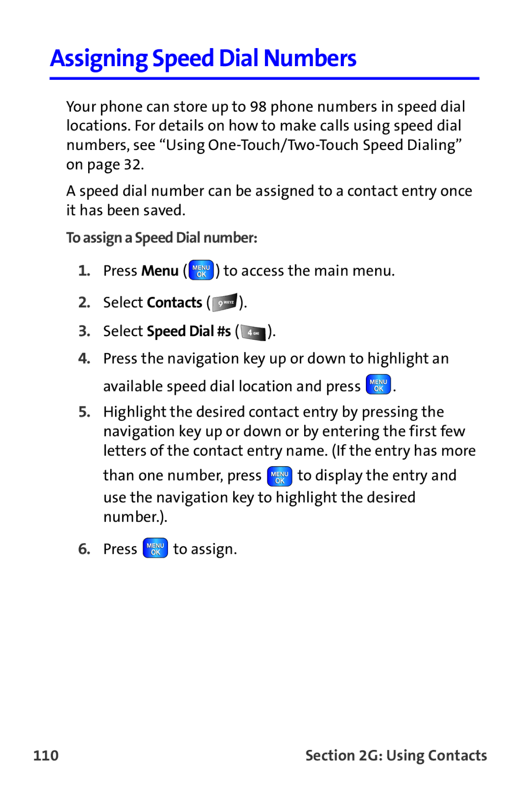 Samsung A820 manual Assigning Speed Dial Numbers, To assign a Speed Dial number, 110 