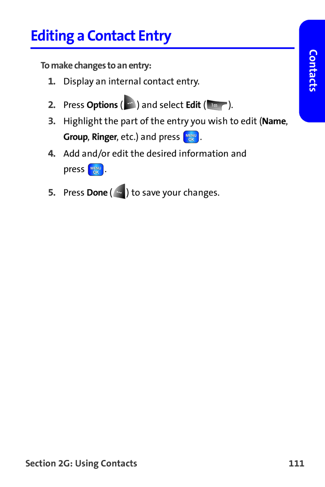 Samsung A820 manual Editing a Contact Entry, To make changes to an entry, Using Contacts 111 