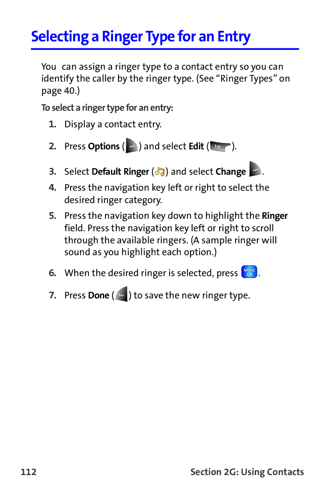 Samsung A820 manual Selecting a Ringer Type for an Entry, To select a ringer type for an entry, 112 