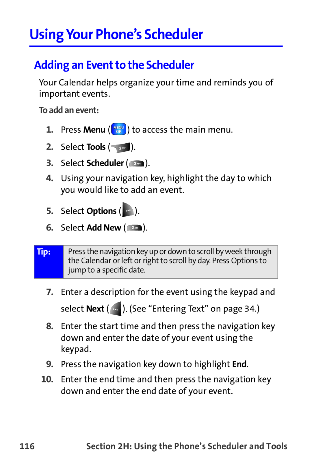 Samsung A820 manual Using Your Phone’s Scheduler, Adding an Event to the Scheduler, To add an event, 116 