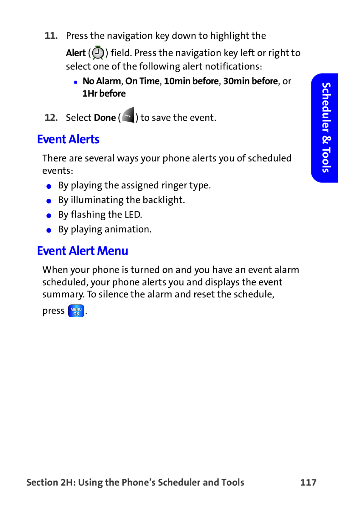 Samsung A820 manual Event Alerts, Event Alert Menu, 1Hr before, Using the Phone’s Scheduler and Tools 117 