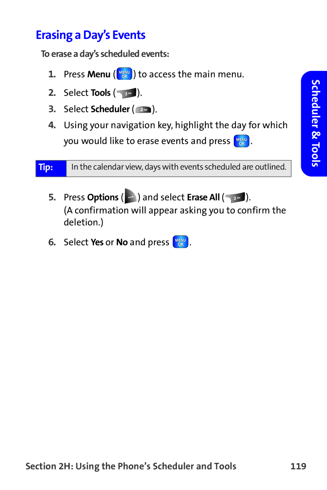 Samsung A820 manual Erasing a Day’s Events, To erase a day’s scheduled events, Using the Phone’s Scheduler and Tools 119 