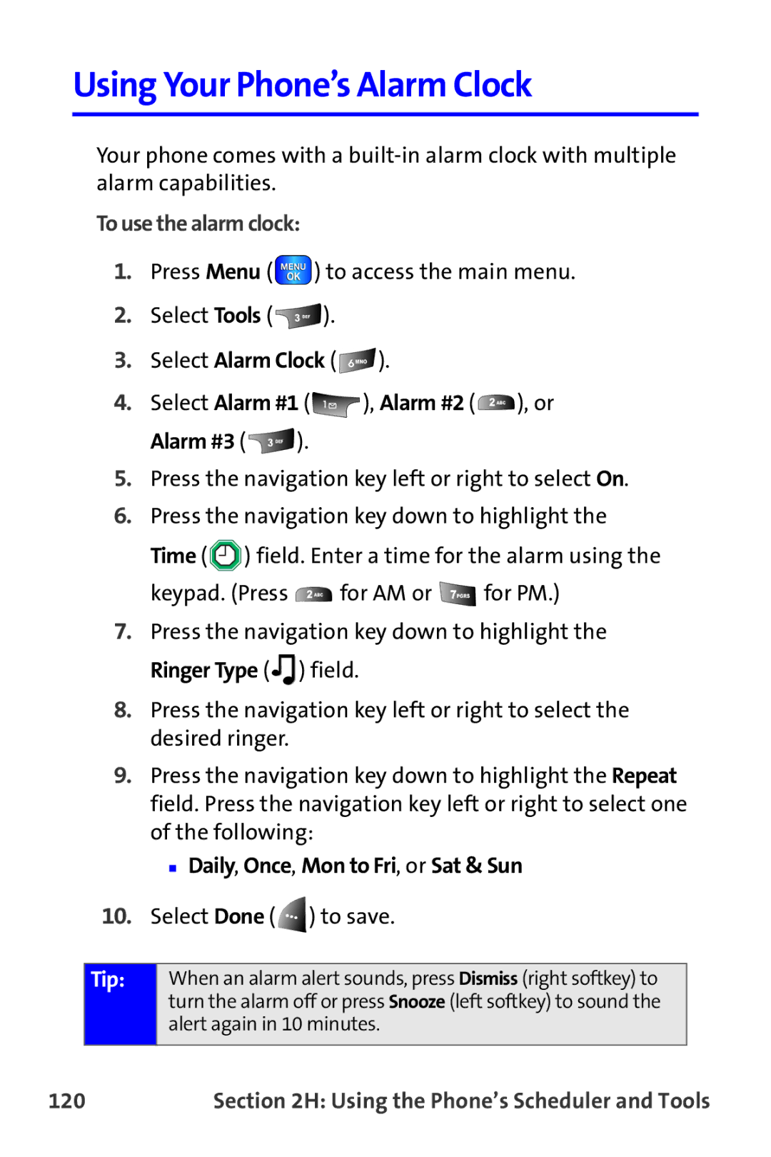 Samsung A820 manual Using Your Phone’s Alarm Clock, To use the alarm clock, 120 