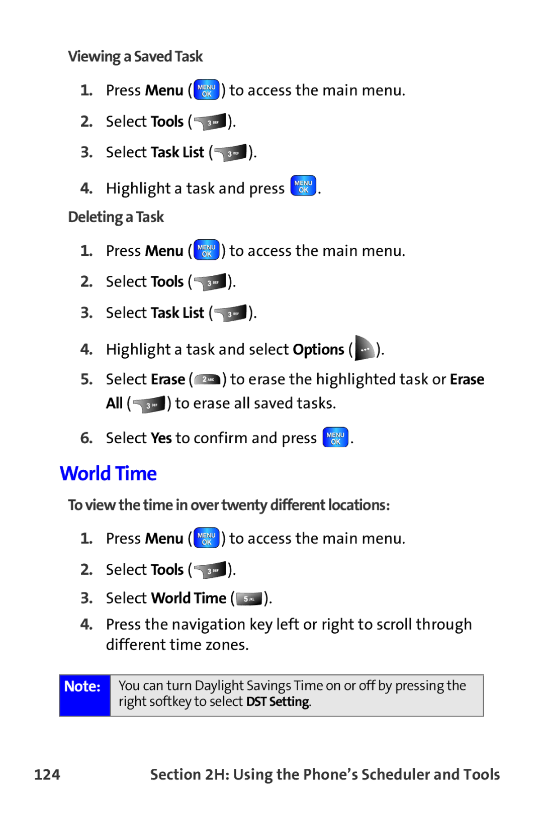 Samsung A820 World Time, Viewing a Saved Task, Deleting a Task, To view the time in over twenty different locations, 124 