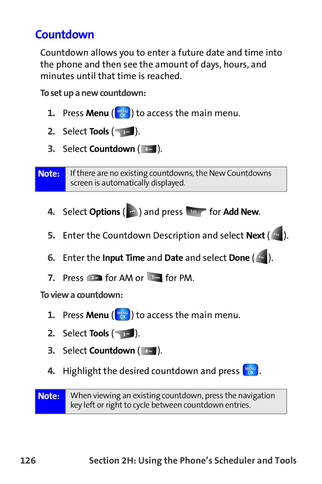 Samsung A820 manual Countdown, To set up a new countdown, To view a countdown, 126 