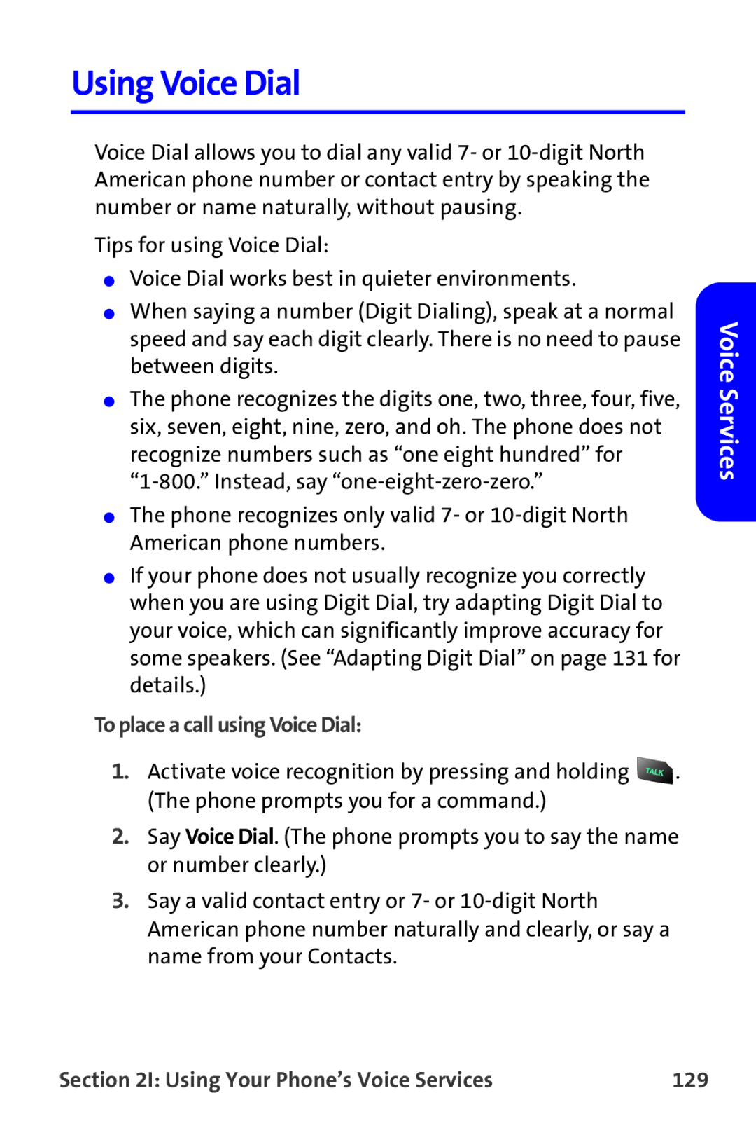 Samsung A820 manual Using Voice Dial, To place a call using Voice Dial, Using Your Phone’s Voice Services 129 