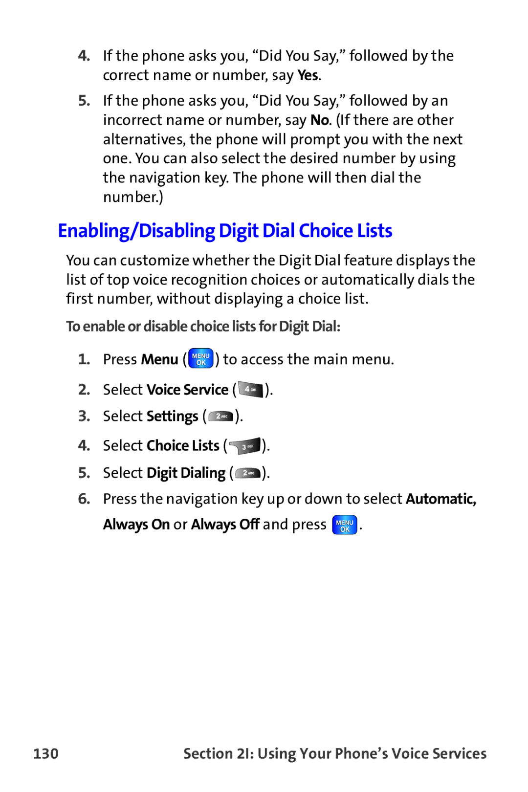 Samsung A820 manual Enabling/Disabling Digit Dial Choice Lists, To enable or disable choice lists for Digit Dial, 130 