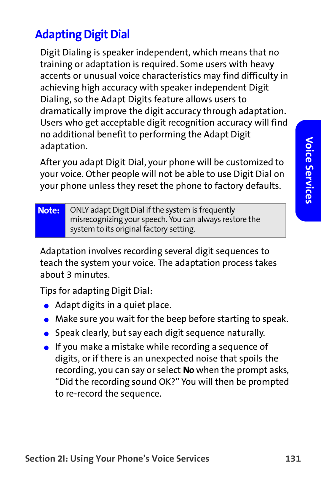 Samsung A820 manual Adapting Digit Dial, Using Your Phone’s Voice Services 131 