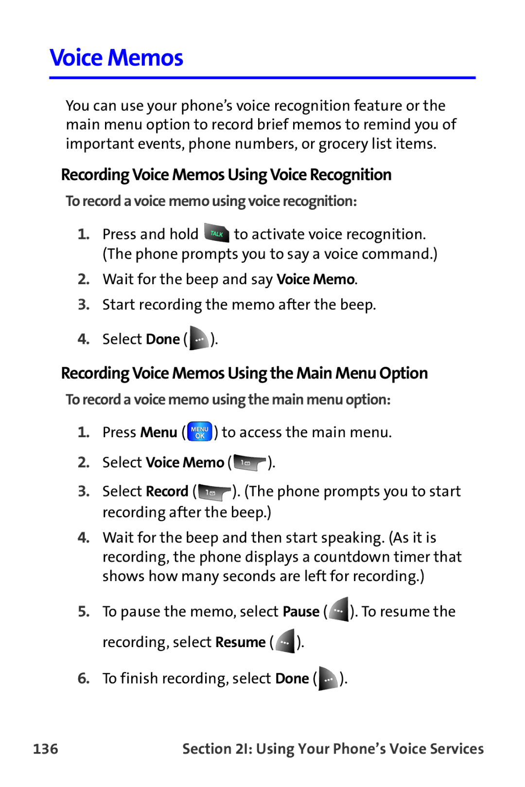 Samsung A820 manual Recording Voice Memos Using Voice Recognition, Recording Voice Memos Using the Main Menu Option 