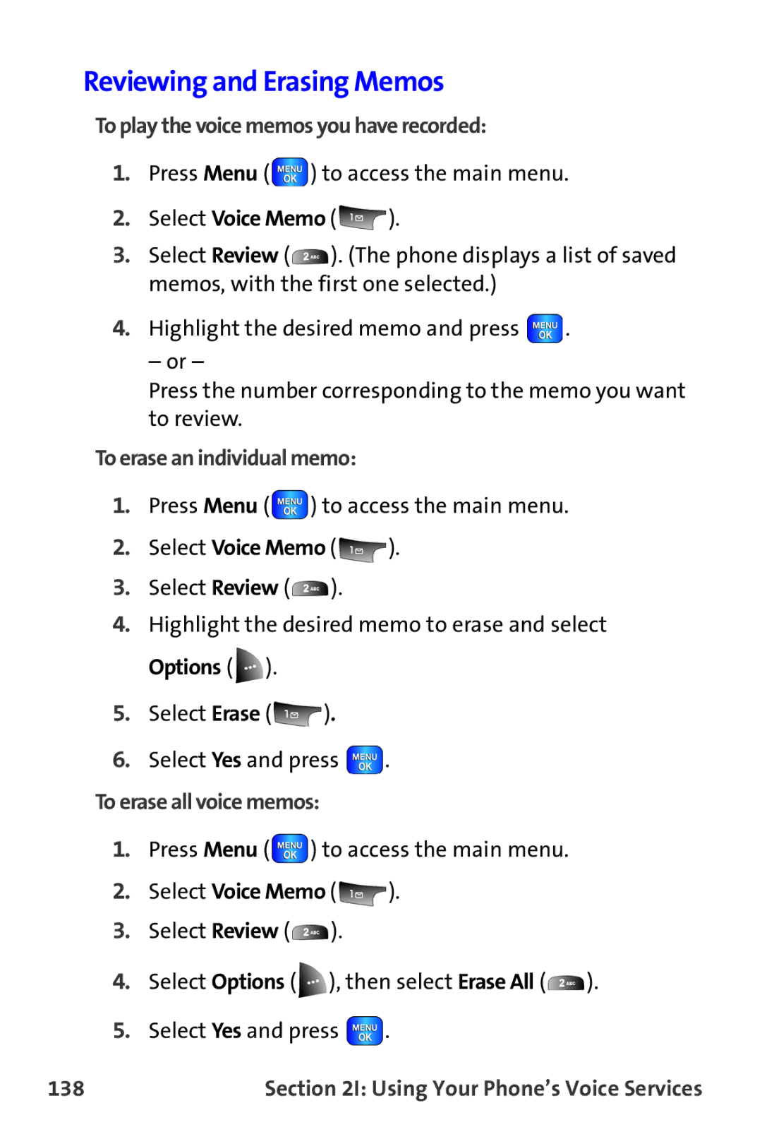 Samsung A820 Reviewing and Erasing Memos, To play the voice memos you have recorded, To erase an individual memo, 138 