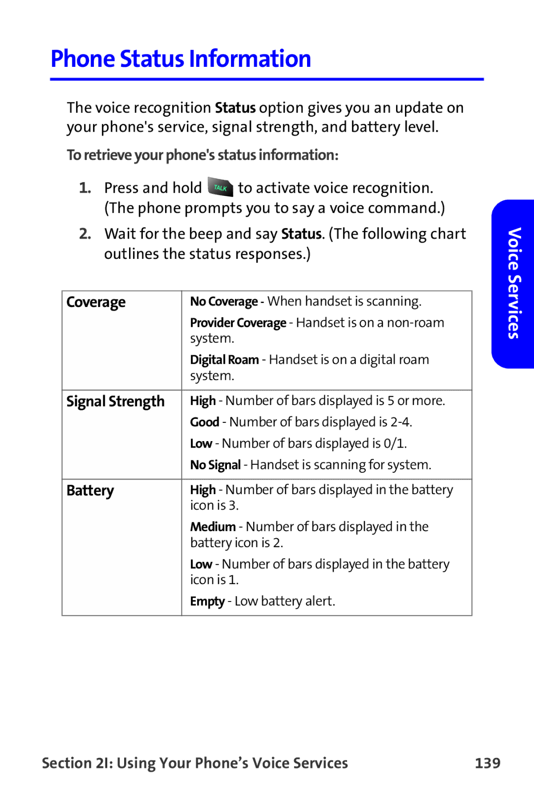 Samsung A820 manual Phone Status Information, To retrieve your phones status information, Coverage, Battery 