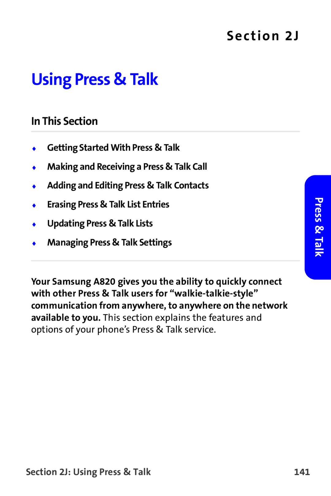 Samsung A820 manual Using Press & Talk 141 