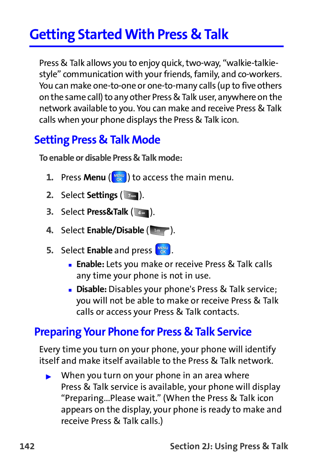 Samsung A820 Getting Started With Press & Talk, Setting Press & Talk Mode, Preparing Your Phone for Press & Talk Service 