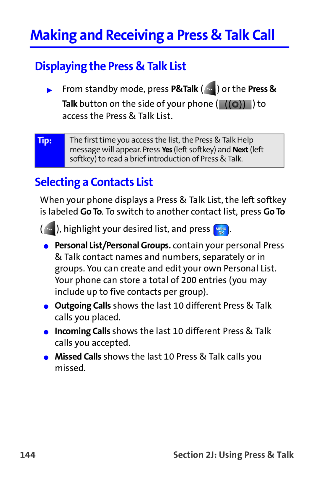 Samsung A820 manual Displaying the Press & Talk List, Selecting a Contacts List, 144 