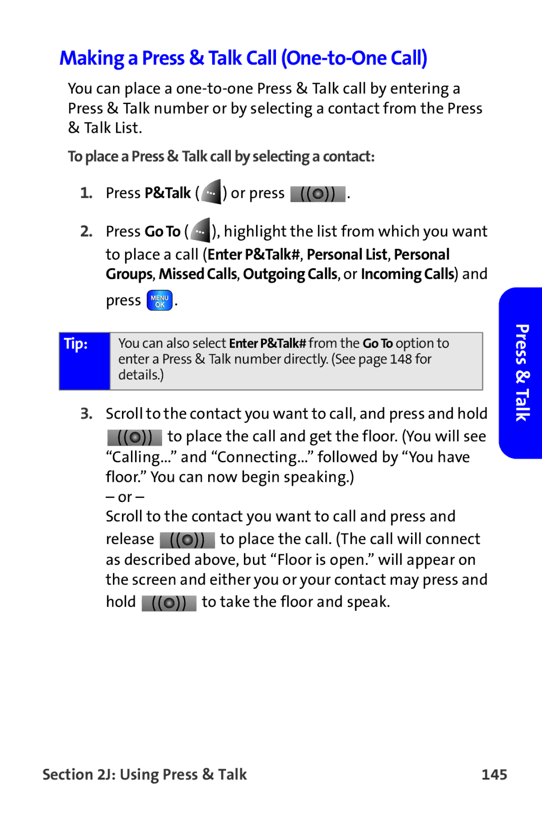 Samsung A820 manual Making a Press & Talk Call One-to-One Call, To place a Press & Talk call by selecting a contact 